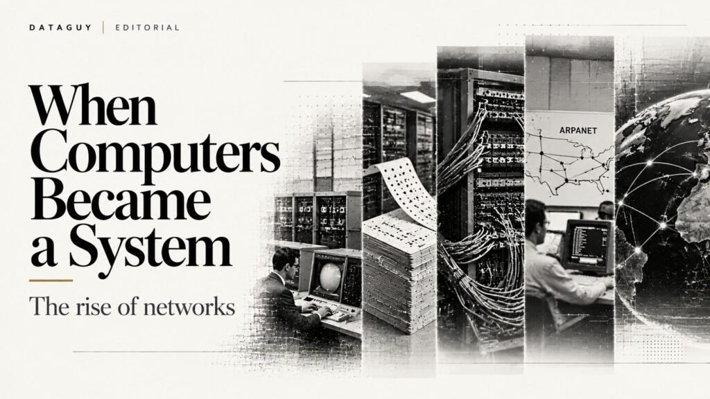 Monochrome editorial illustration showing computer systems, communication links and interconnected network nodes representing the development of networked computing.