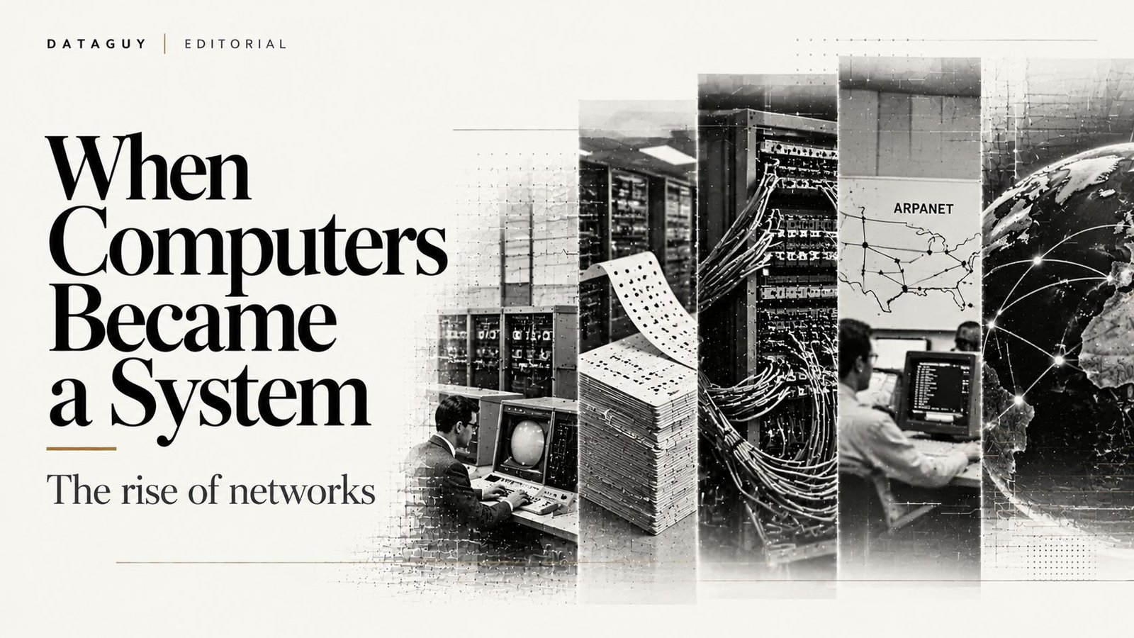 Monochrome editorial illustration showing computer systems, communication links and interconnected network nodes representing the development of networked computing.