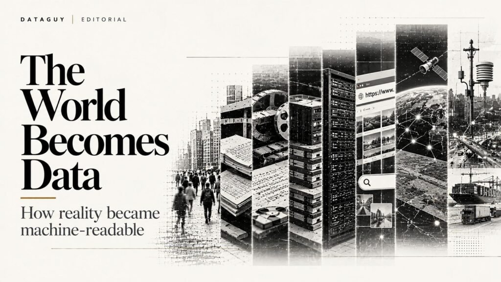 Monochrome editorial illustration of digital records, databases, information interfaces and connected data structures representing the digitization of the world.