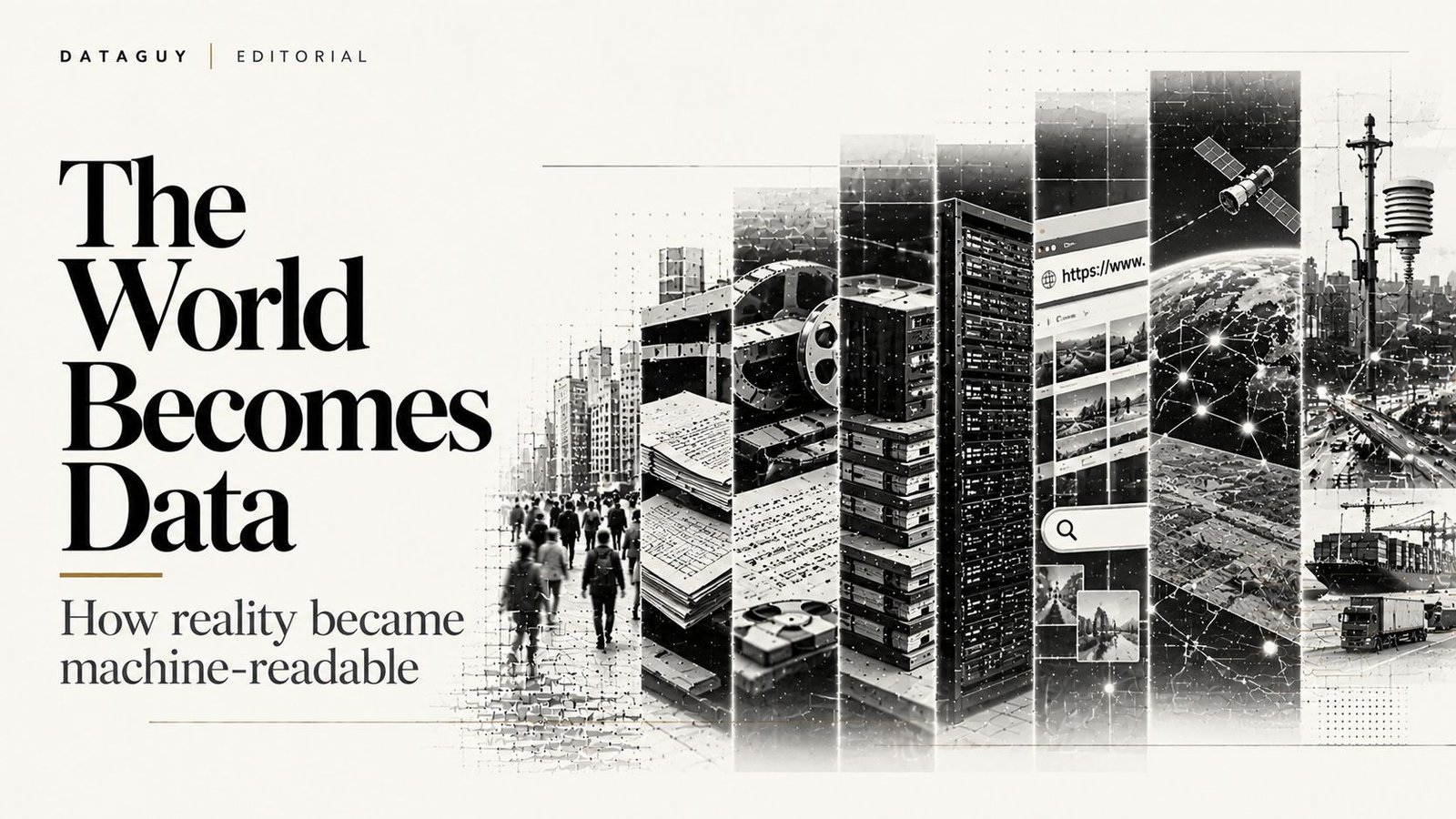 Editorial illustration showing physical records and activity becoming structured, searchable digital information