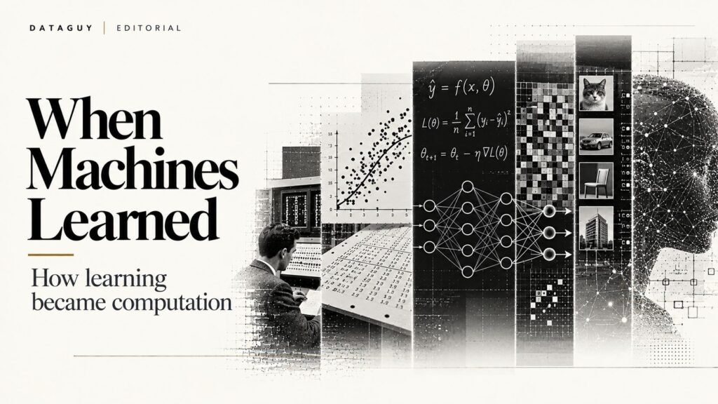 Monochrome editorial illustration of mathematical patterns, computational models, data points and connected structures representing machine learning.