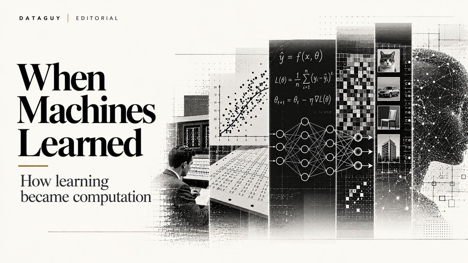 Editorial illustration showing mathematical patterns, model representations and feedback in machine learning