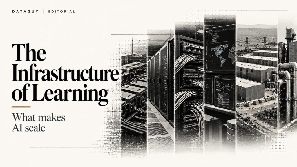 Monochrome editorial illustration of GPU racks, server infrastructure, network equipment, code interfaces and data centre facilities supporting large-scale machine learning.
