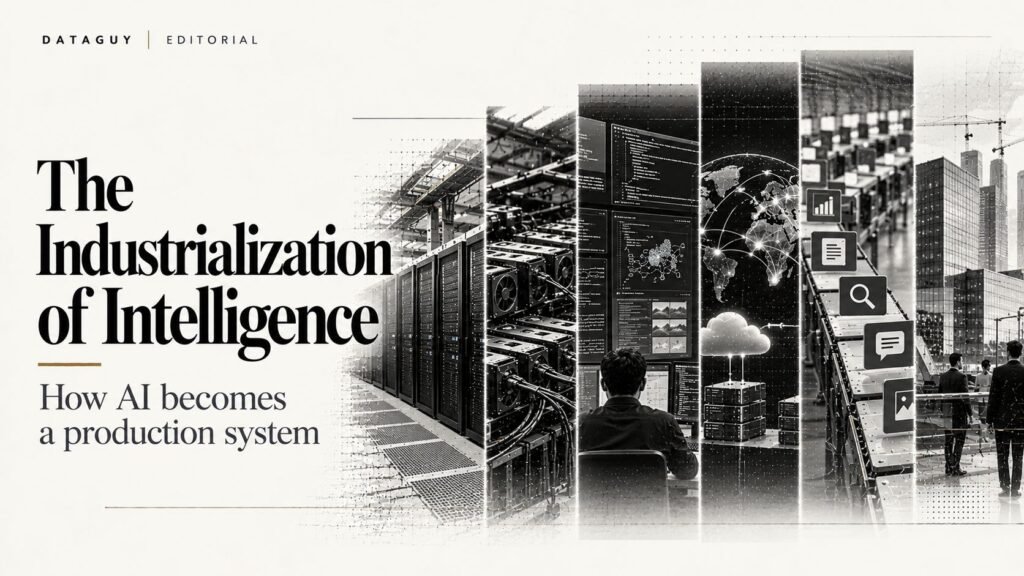 Monochrome editorial illustration connecting AI server infrastructure, computing operations, cloud networks, software systems and organizational deployment.