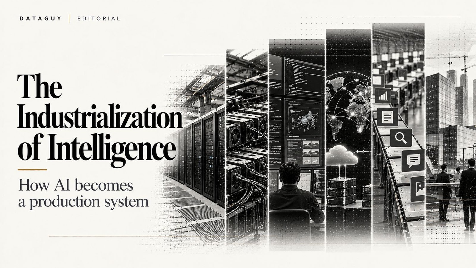 Editorial illustration showing intelligence becoming an industrially produced computational capability
