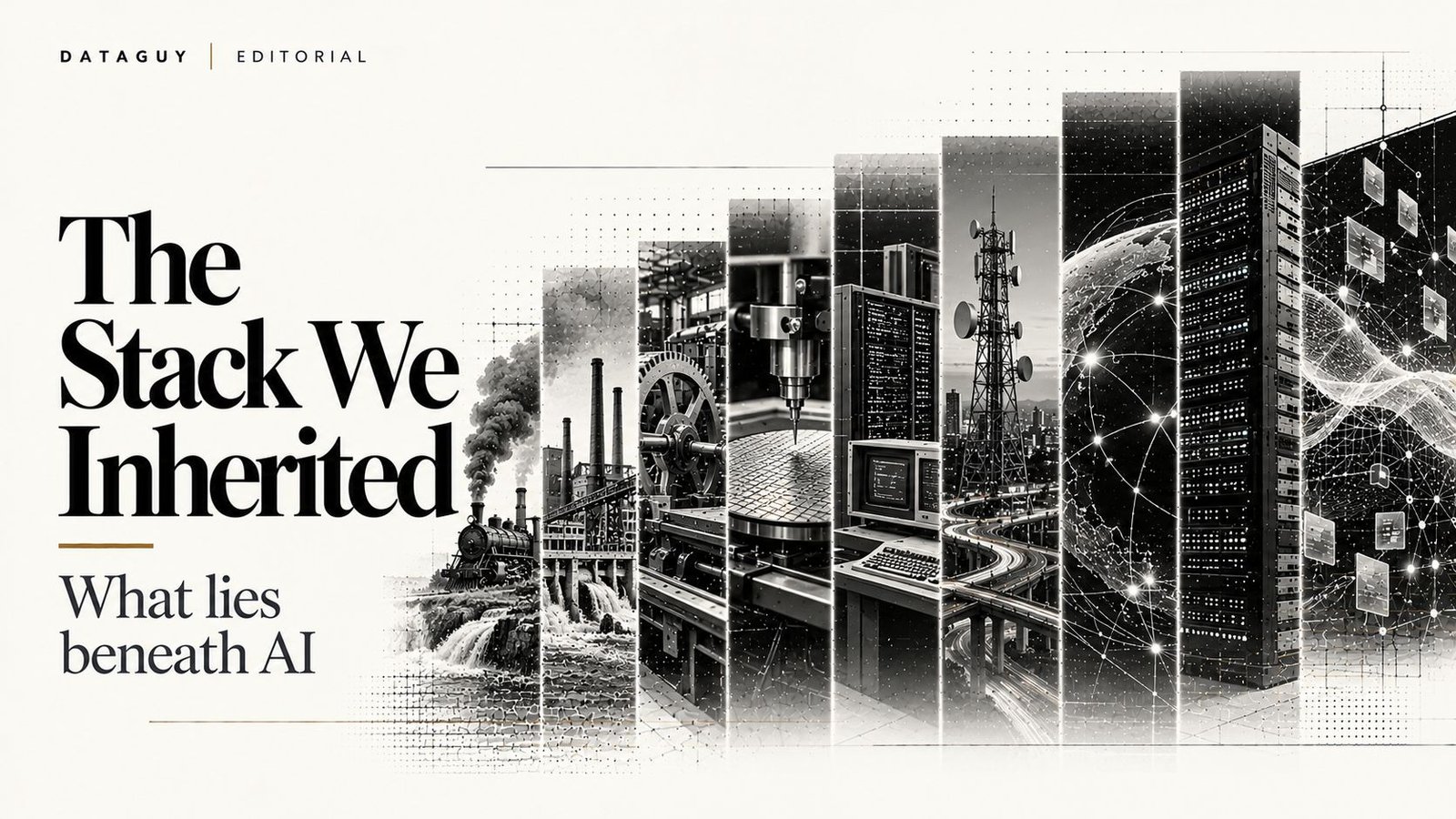 Editorial illustration showing machine intelligence emerging from layers of accumulated civilization