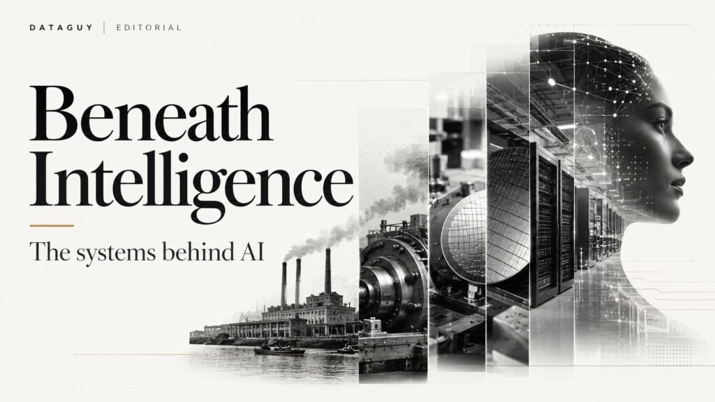 Editorial illustration showing industrial machinery, semiconductor technology, data centre infrastructure and interconnected intelligence systems beneath the title Beneath Intelligence.