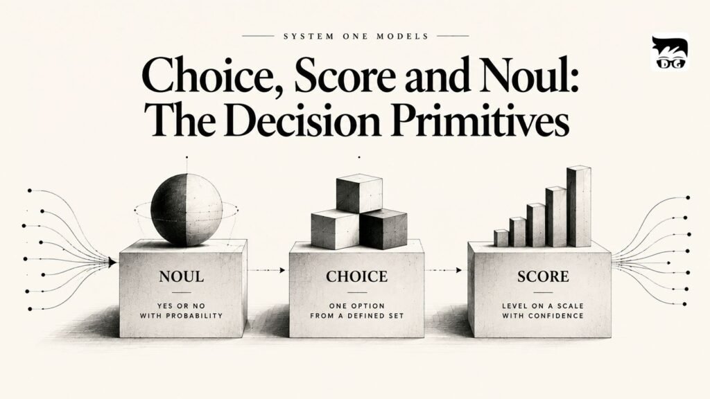 Diagram illustrating Noul, Choice, and Score as decision primitives in System One Models.