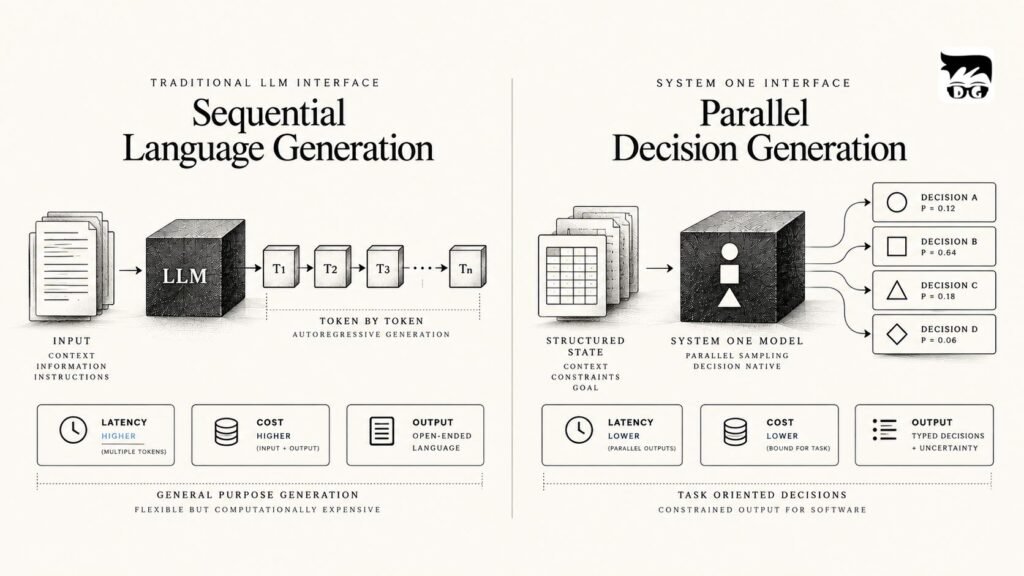 Editorial diagram comparing sequential language generation with parallel decision generation in System One Models, highlighting differences in latency, cost, and output structure.