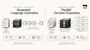 Editorial diagram comparing sequential language generation with parallel decision generation in System One Models, highlighting differences in latency, cost, and output structure.