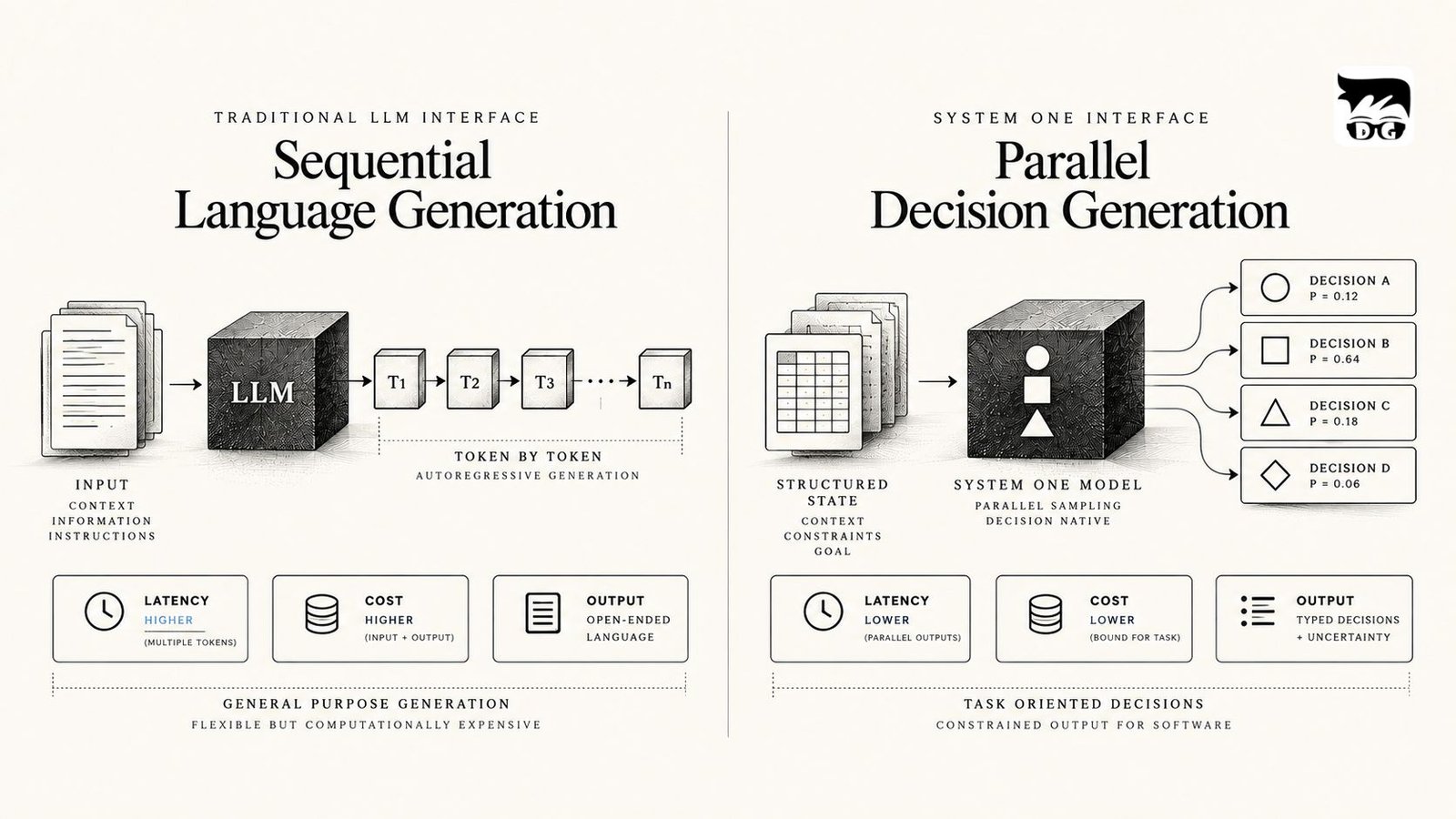 Editorial diagram showing how bounded decision generation can change the performance and economics of System One Models