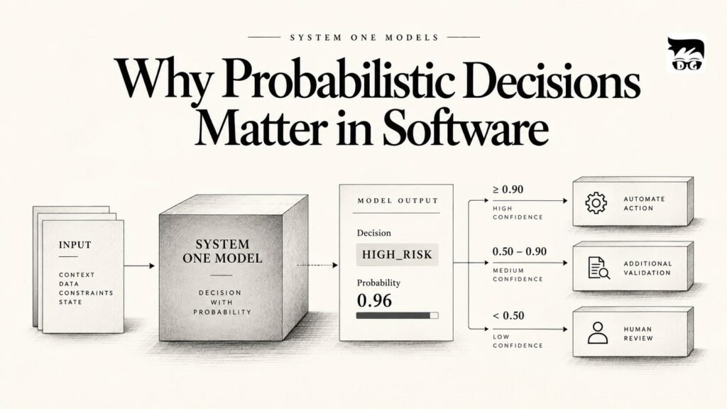 Diagram showing a System One Model producing a decision with probability before software determines the appropriate action.