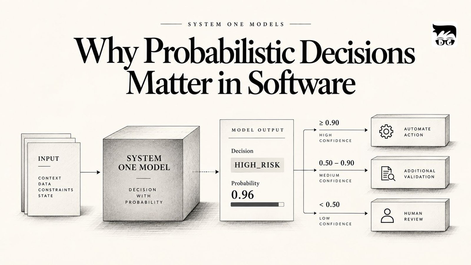 Diagram showing System One Model decisions paired with probability and confidence before software determines an action