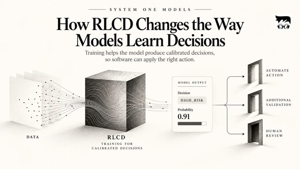 Editorial diagram showing RLCD training a System One Model to produce calibrated decisions with probability for software.