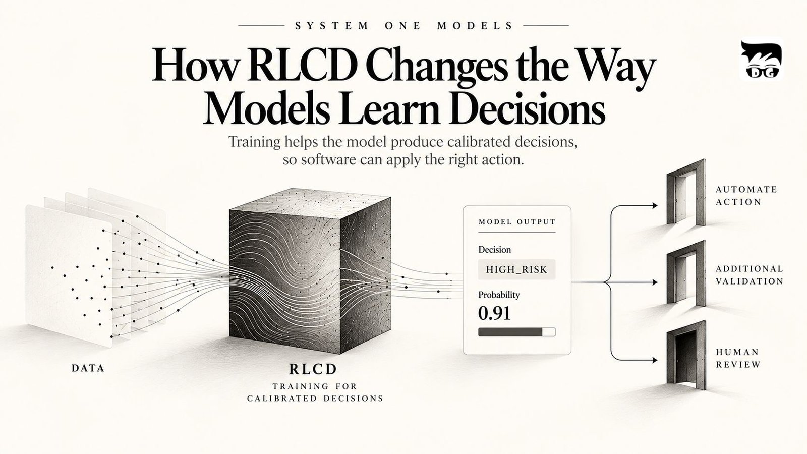 Diagram illustrating how reinforcement learning for calibrated decisions connects model training with decision quality and uncertainty