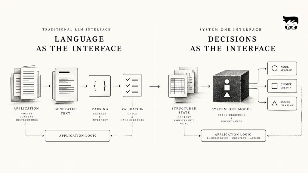 Diagram comparing a language model interface that generates text with a System One interface that produces typed decisions for software.