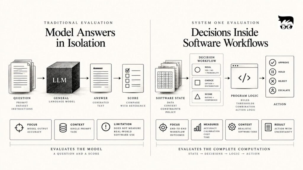 Diagram comparing traditional model evaluation with System One workflow evaluation, from isolated model answers to decisions inside software workflows