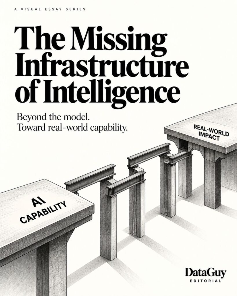 Editorial illustration of a bridge-like structure connecting AI capability to real-world impact, with several structural supports spanning the gap.