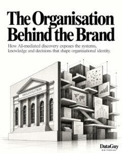 An architectural building facade opens into a complex internal structure of records, information displays and connected systems, illustrating the organisational systems behind brand identity.
