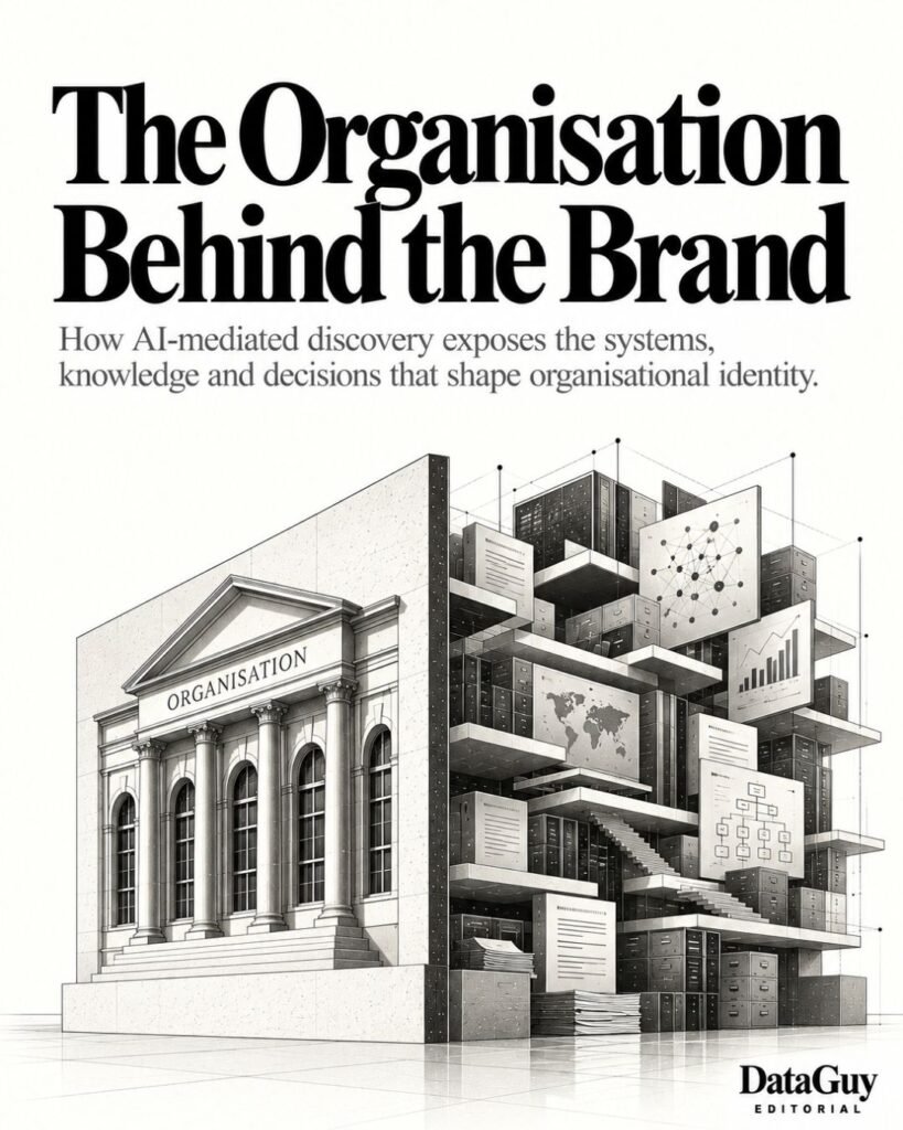 An architectural building facade opens into a complex internal structure of records, information displays and connected systems, illustrating the organisational systems behind brand identity.