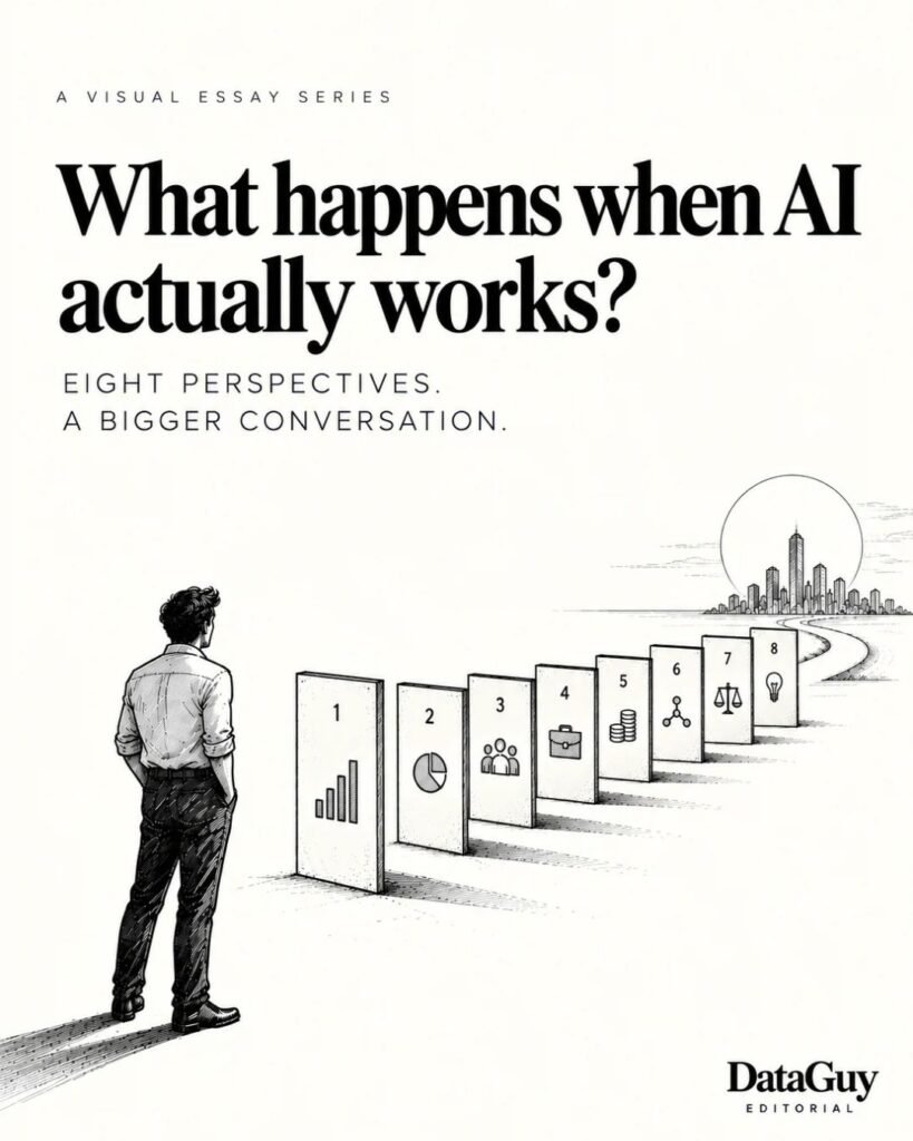 Editorial illustration of a person observing eight numbered panels leading towards a city, representing different perspectives on how AI works in practice.